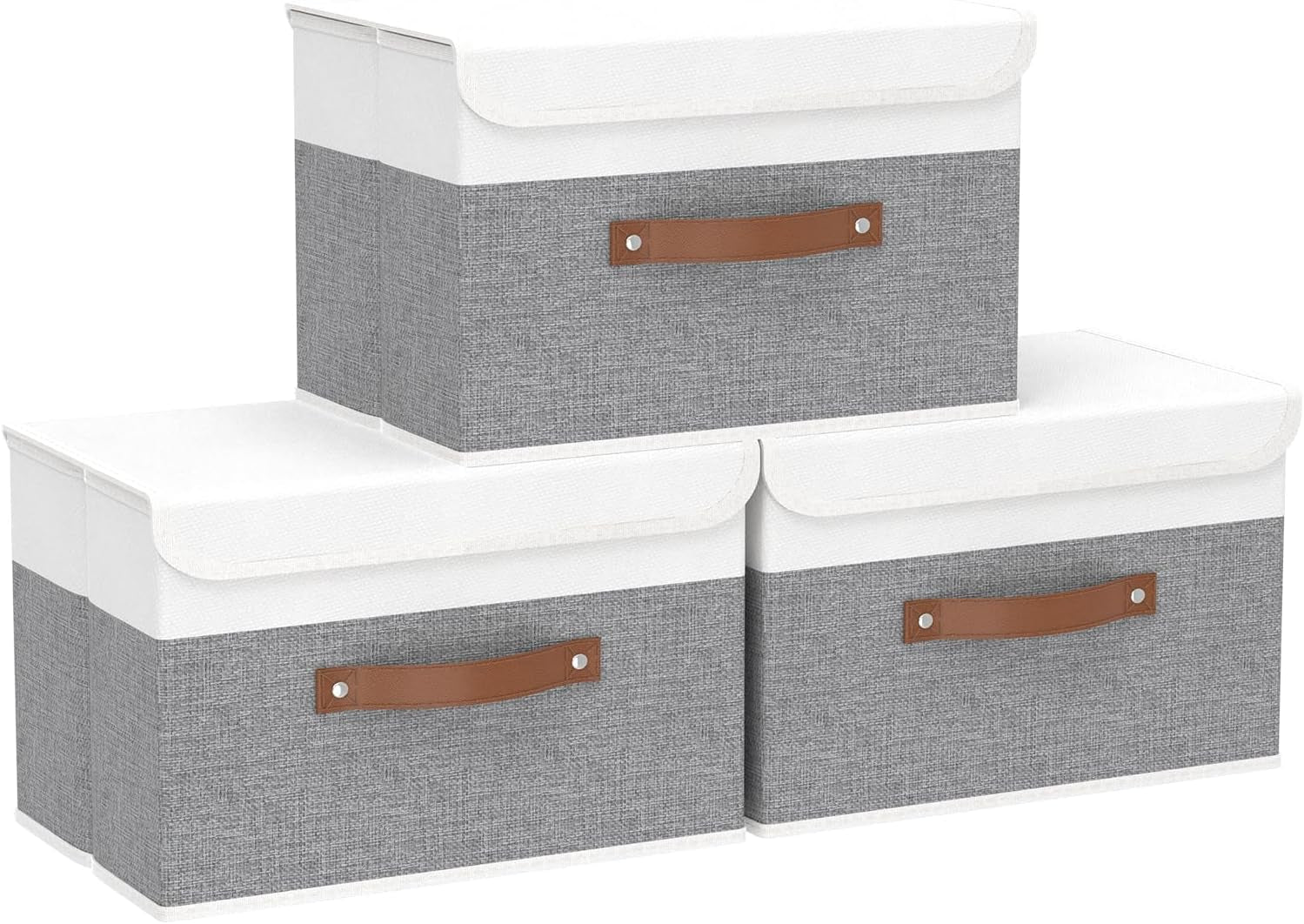 Yawinhe Collapsible Storage Bin, Cube Organizer Basket, Fabric Box with Lids, Washable and Leather Handle, for Home, Closet, Grey, 15.0''Lx9.8''Wx9.8''H, 5-Pack, USNK024GL-5