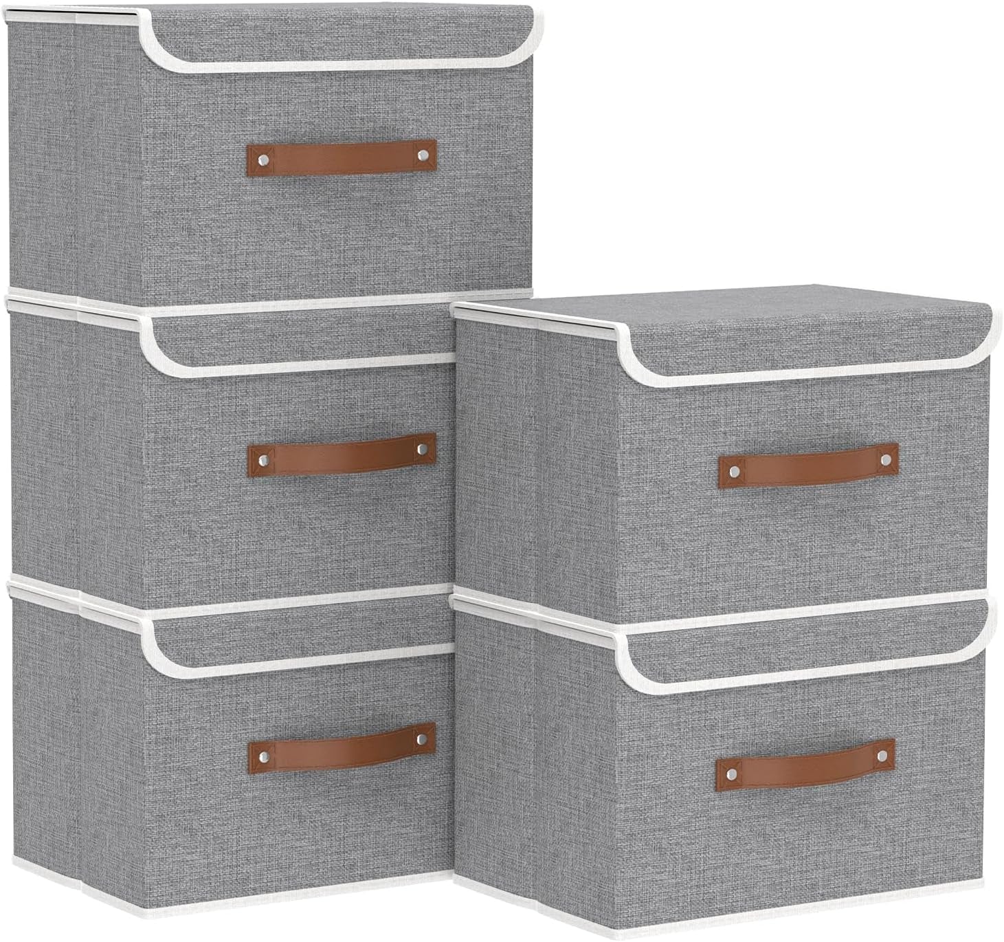 Yawinhe Collapsible Storage Bin, Cube Organizer Basket, Fabric Box with Lids, Washable and Leather Handle, for Home, Closet, Grey, 15.0''Lx9.8''Wx9.8''H, 5-Pack, USNK024GL-5