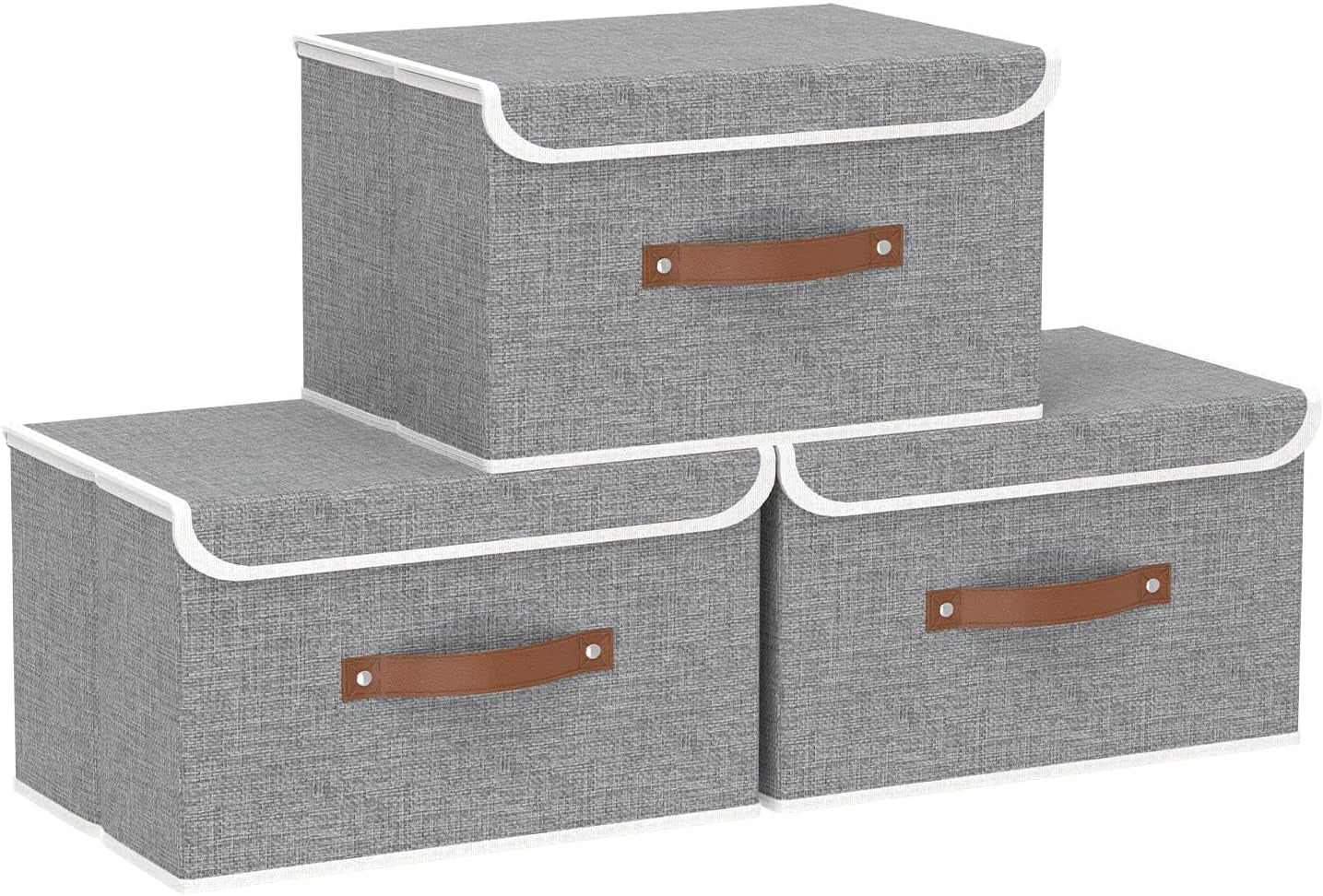 Yawinhe Collapsible Storage Bin, Cube Organizer Basket, Fabric Box with Lids, Washable and Leather Handle, for Home, Closet, Grey, 15.0''Lx9.8''Wx9.8''H, 5-Pack, USNK024GL-5