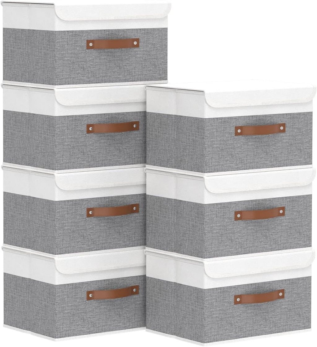 Yawinhe Collapsible Storage Bin, Cube Organizer Basket, Fabric Box with Lids, Washable and Leather Handle, for Home, Closet, Grey, 15.0''Lx9.8''Wx9.8''H, 5-Pack, USNK024GL-5