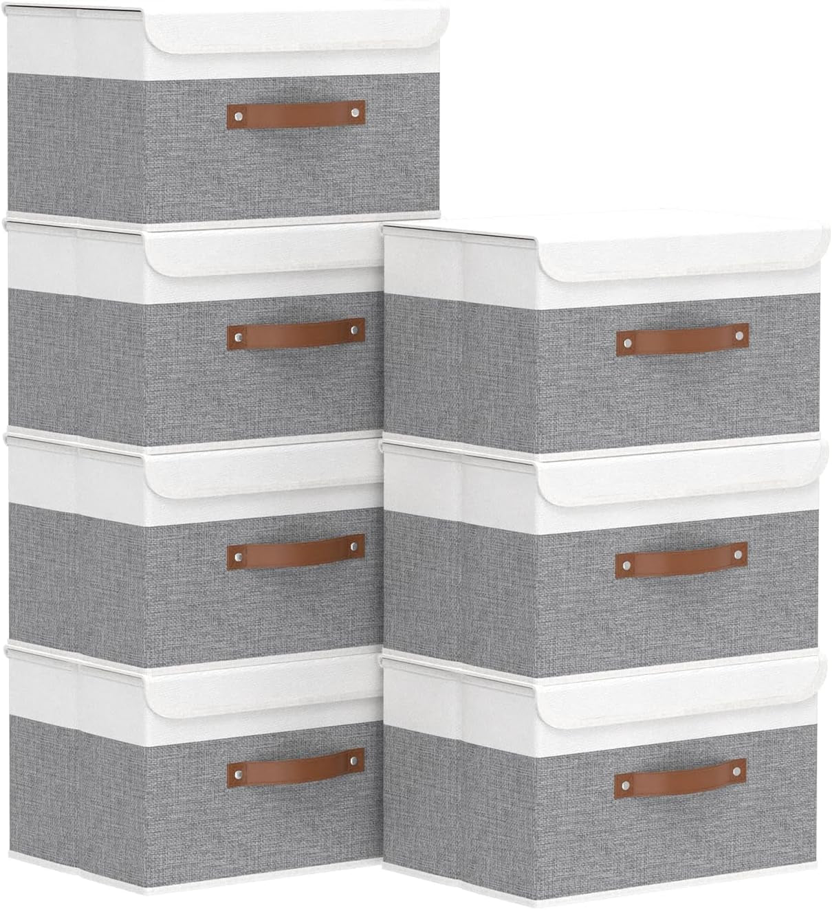 Yawinhe Collapsible Storage Bin, Cube Organizer Basket, Fabric Box with Lids, Washable and Leather Handle, for Home, Closet, Grey, 15.0''Lx9.8''Wx9.8''H, 5-Pack, USNK024GL-5