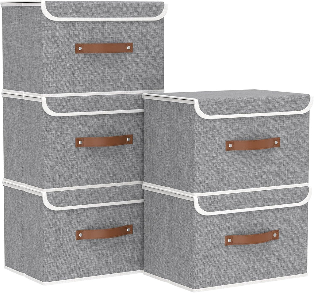 Yawinhe Collapsible Storage Bin, Cube Organizer Basket, Fabric Box with Lids, Washable and Leather Handle, for Home, Closet, Grey, 15.0''Lx9.8''Wx9.8''H, 5-Pack, USNK024GL-5