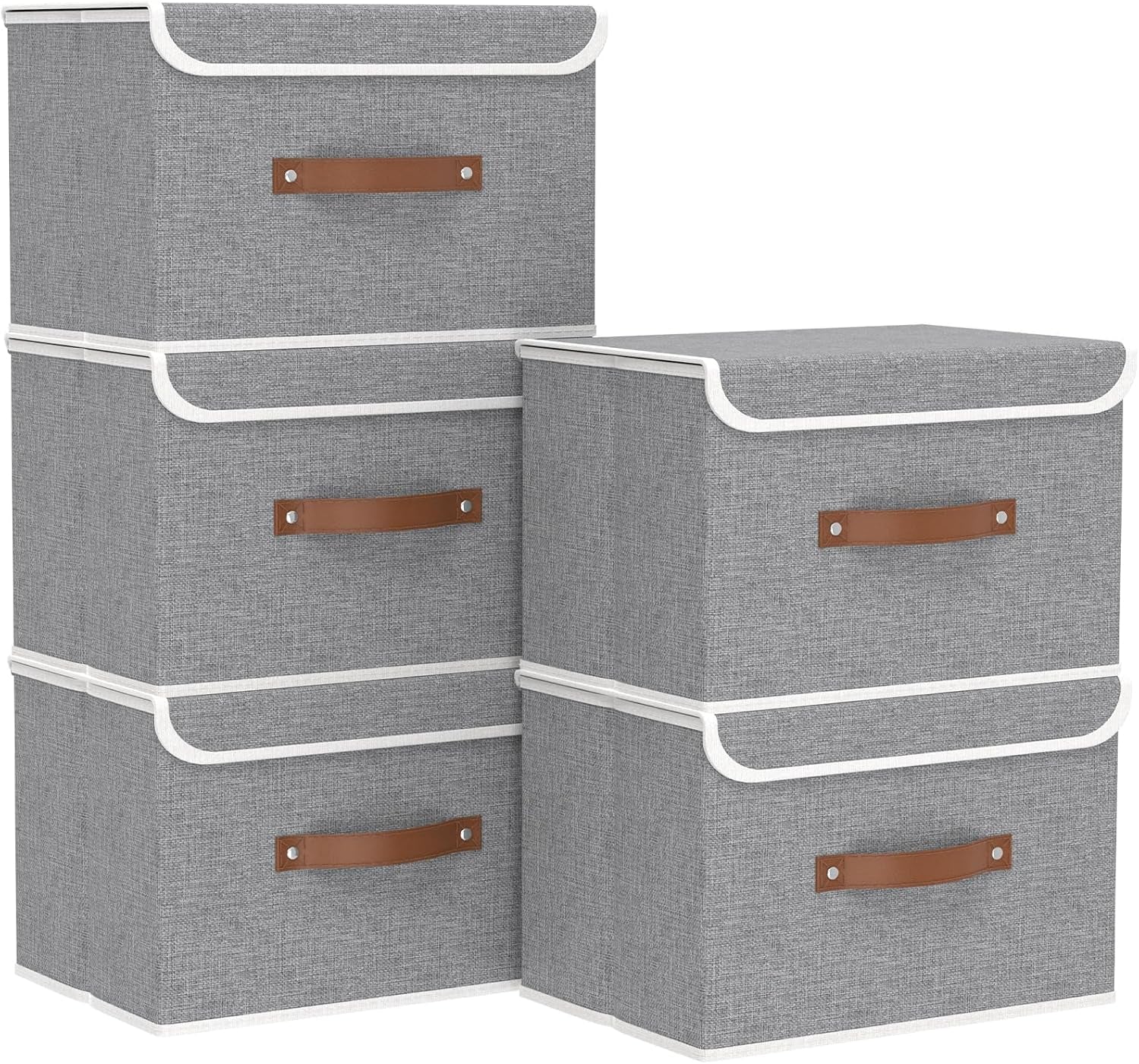 Yawinhe Collapsible Storage Bin, Cube Organizer Basket, Fabric Box with Lids, Washable and Leather Handle, for Home, Closet, Grey, 15.0''Lx9.8''Wx9.8''H, 5-Pack, USNK024GL-5