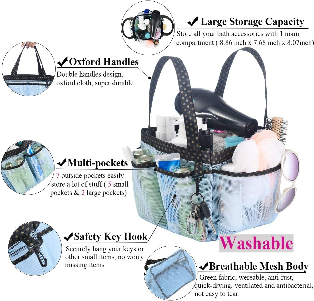 Haundry Mesh Shower Caddy Bag, Portable Shower Caddy Tote Organizer with 8 Pockets for College Dorm Room Essentials, Beach, Swimming, Gym