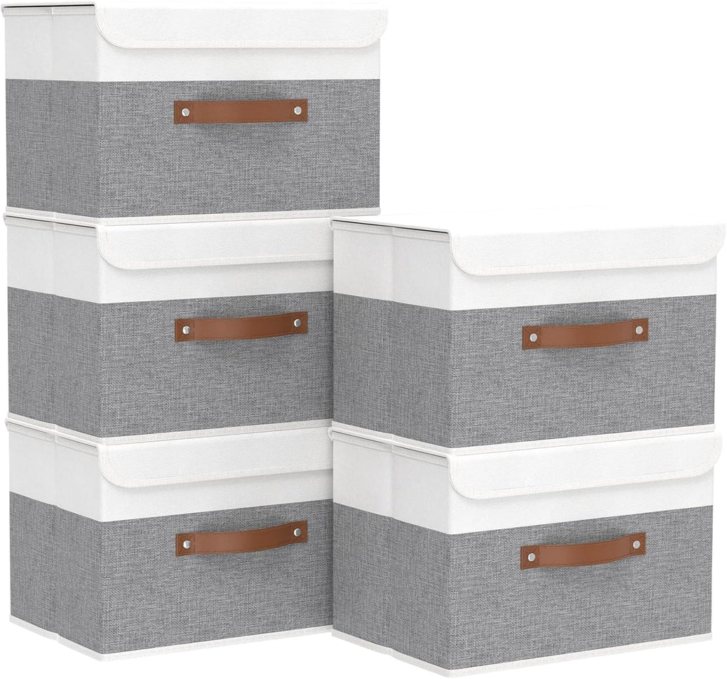 Yawinhe Collapsible Storage Bin, Cube Organizer Basket, Fabric Box with Lids, Washable and Leather Handle, for Home, Closet, Grey, 15.0''Lx9.8''Wx9.8''H, 5-Pack, USNK024GL-5