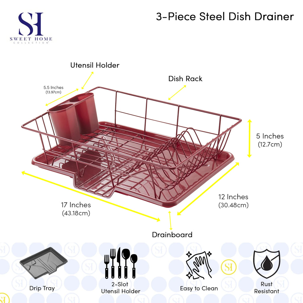 Sweet Home Collection 3-Piece Kitchen Sink Dish Drainer Set- Burgundy