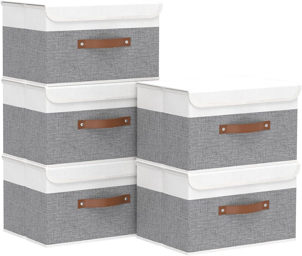 Yawinhe Collapsible Storage Bin, Cube Organizer Basket, Fabric Box with Lids, Washable and Leather Handle, for Home, Closet, Grey, 15.0''Lx9.8''Wx9.8''H, 5-Pack, USNK024GL-5