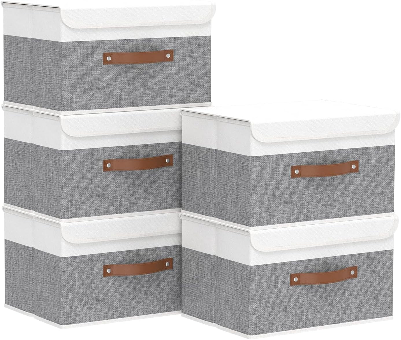 Yawinhe Collapsible Storage Bin, Cube Organizer Basket, Fabric Box with Lids, Washable and Leather Handle, for Home, Closet, Grey, 15.0''Lx9.8''Wx9.8''H, 5-Pack, USNK024GL-5