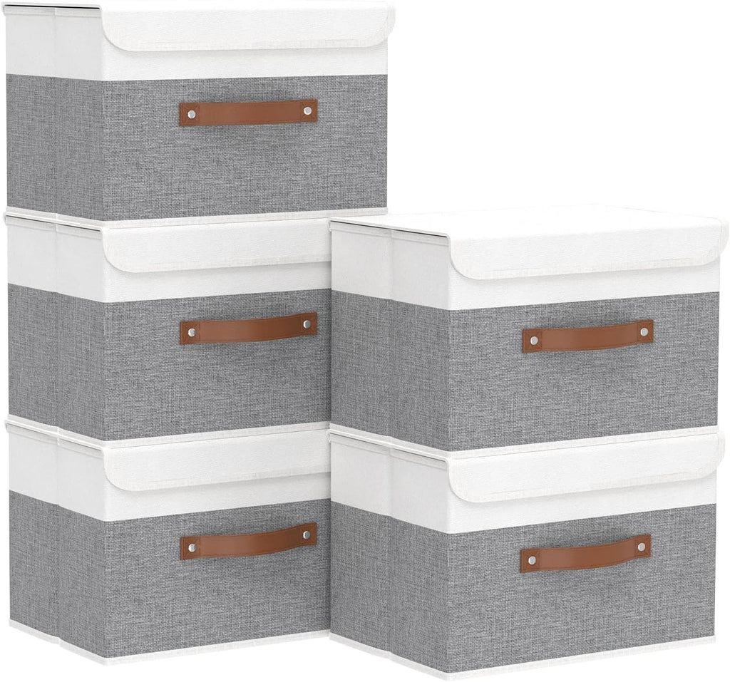 Yawinhe Collapsible Storage Bin, Cube Organizer Basket, Fabric Box with Lids, Washable and Leather Handle, for Home, Closet, Grey, 15.0''Lx9.8''Wx9.8''H, 5-Pack, USNK024GL-5
