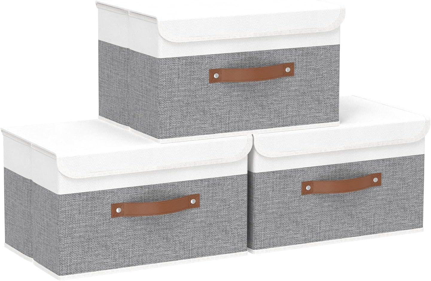 Yawinhe Collapsible Storage Bin, Cube Organizer Basket, Fabric Box with Lids, Washable and Leather Handle, for Home, Closet, Grey, 15.0''Lx9.8''Wx9.8''H, 5-Pack, USNK024GL-5