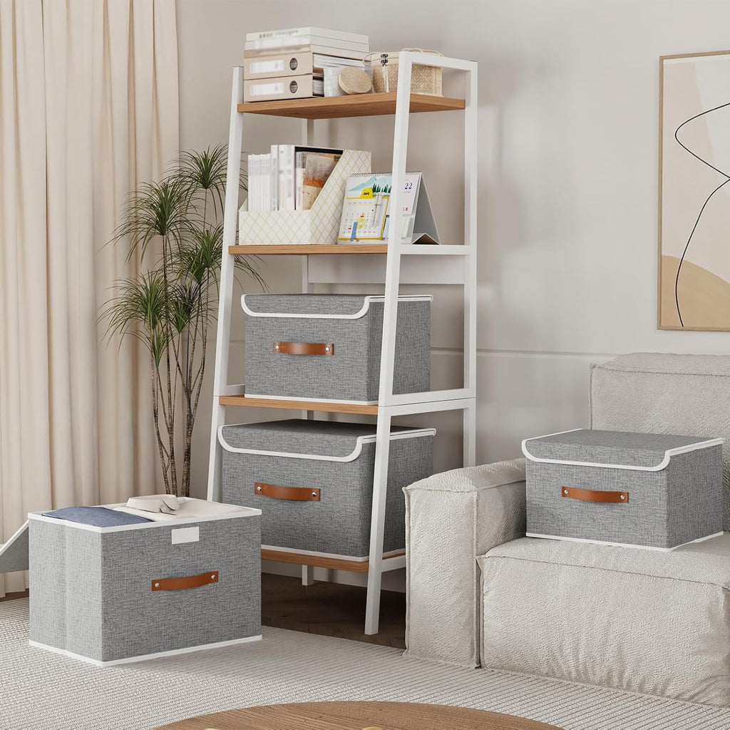 Yawinhe Collapsible Storage Bin, Cube Organizer Basket, Fabric Box with Lids, Washable and Leather Handle, for Home, Closet, Grey, 15.0''Lx9.8''Wx9.8''H, 5-Pack, USNK024GL-5