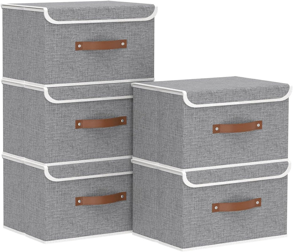 Yawinhe Collapsible Storage Bin, Cube Organizer Basket, Fabric Box with Lids, Washable and Leather Handle, for Home, Closet, Grey, 15.0''Lx9.8''Wx9.8''H, 5-Pack, USNK024GL-5