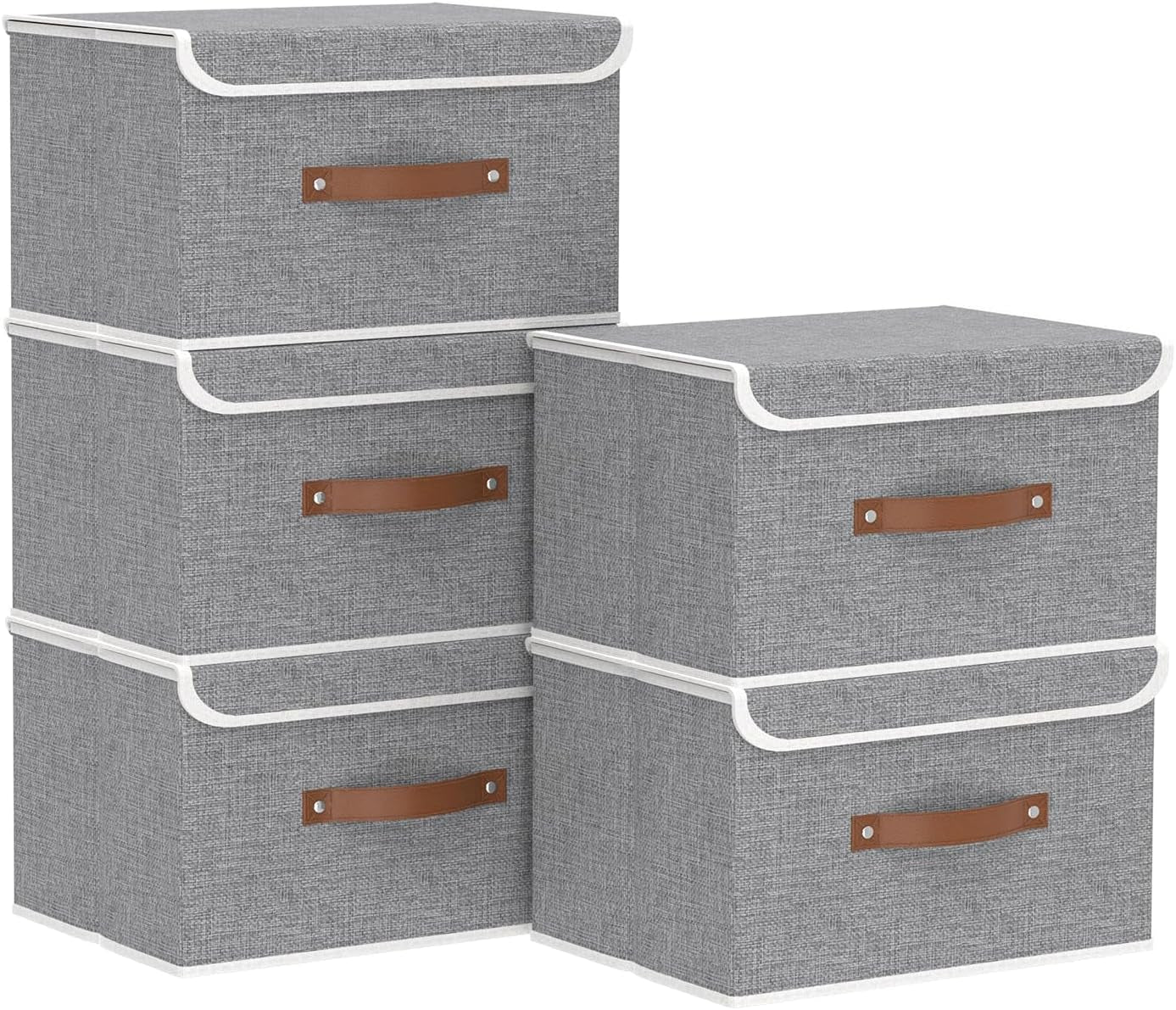 Yawinhe Collapsible Storage Bin, Cube Organizer Basket, Fabric Box with Lids, Washable and Leather Handle, for Home, Closet, Grey, 15.0''Lx9.8''Wx9.8''H, 5-Pack, USNK024GL-5