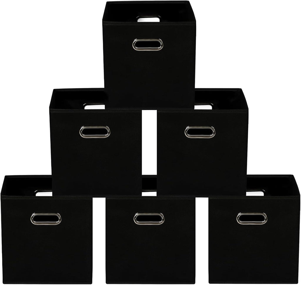 Yunkeeeper Storage Bins Cubes, Fabric Cube Organizer with Handle, Foldable Cube Bins for Cloth or Accessary Storage, 11X11X11, Set of 6, (Black)