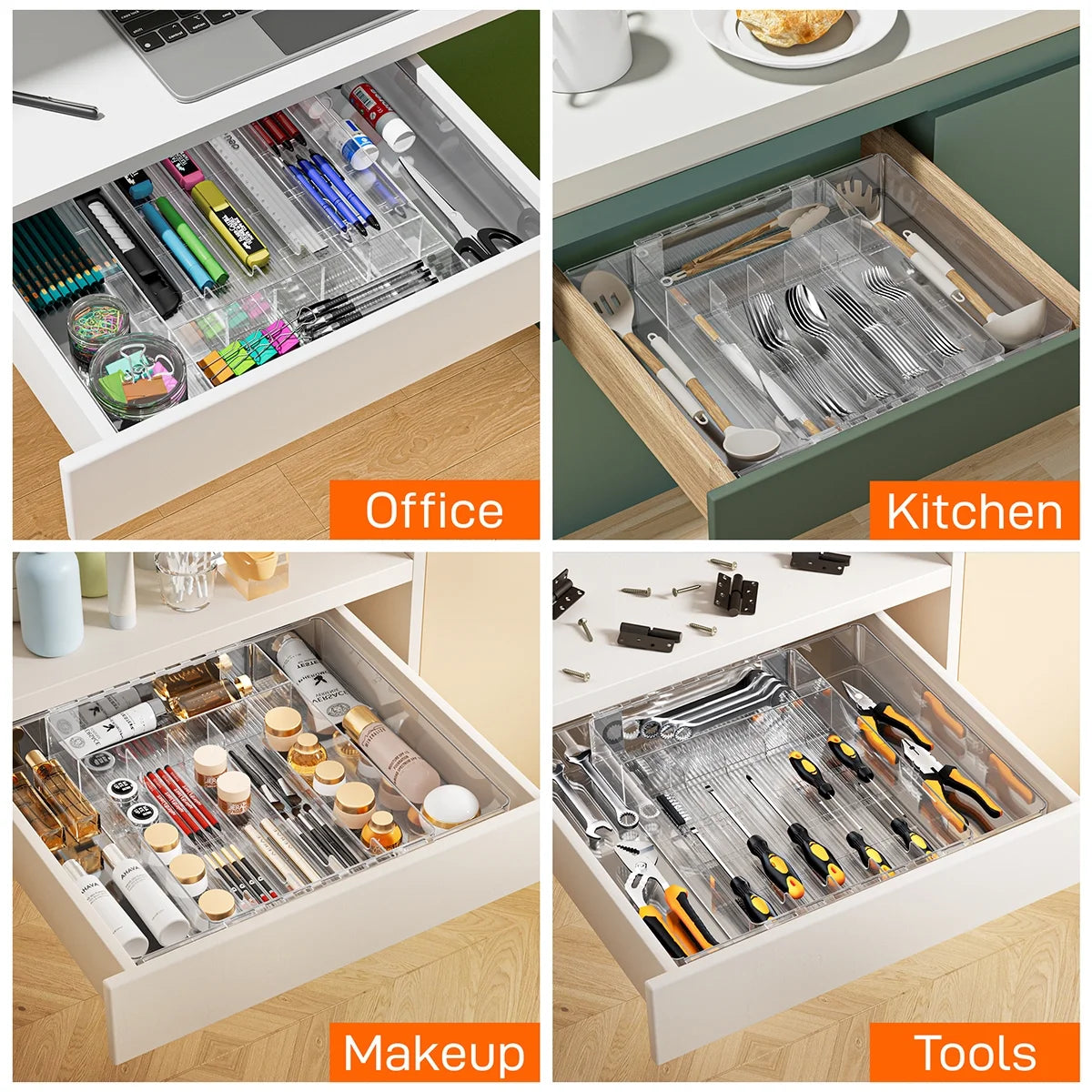 GPED Silverware Drawer Organizer, Expandable Clear Acrylic Silverware Organizer, Kitchen Drawer Organizer for Utensils, Adjustable Cutlery Tray, Office, Supplies-8 Compartments, Medium, Clear