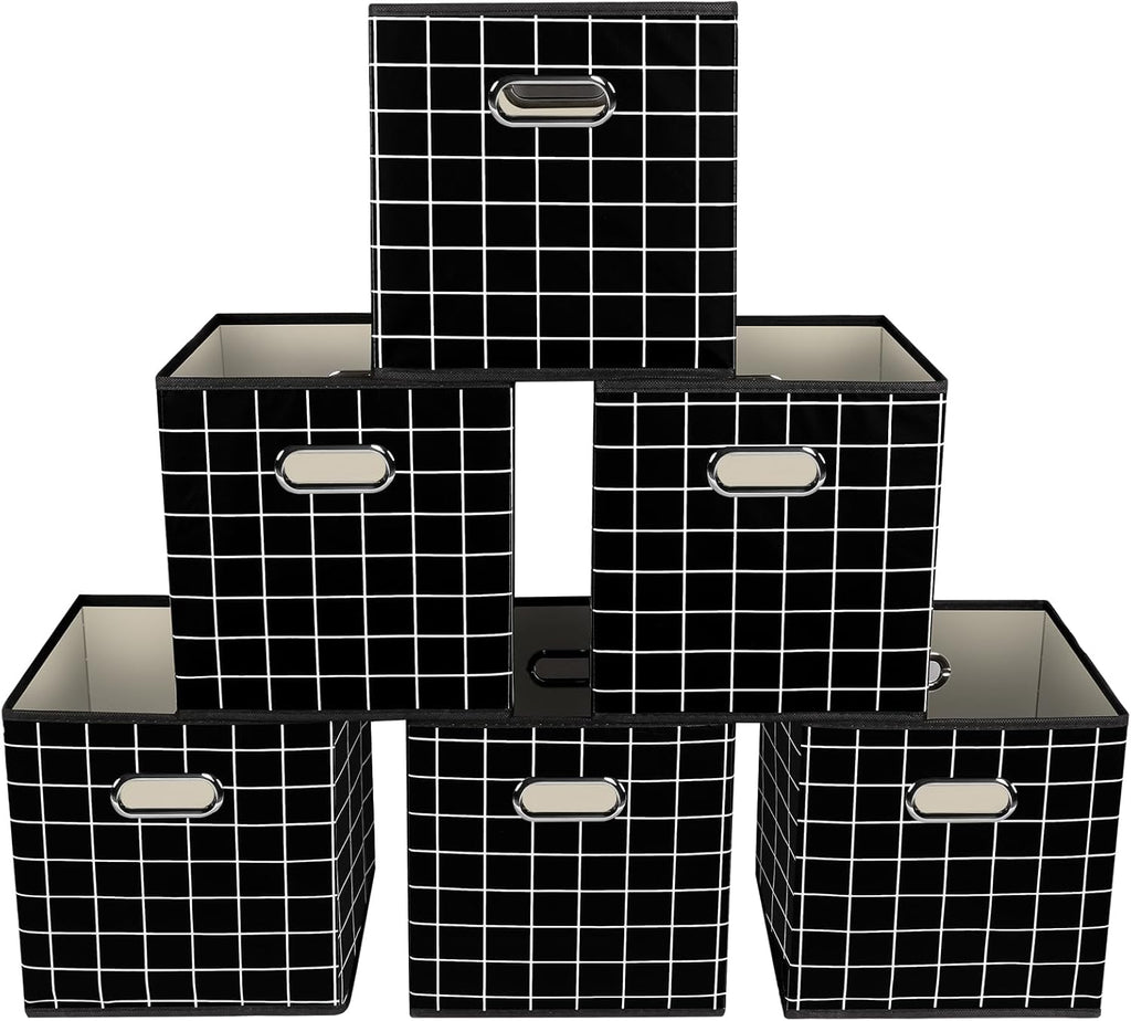Yunkeeeper Storage Bins Cubes, Fabric Cube Organizer with Handle, Foldable Cube Bins for Cloth or Accessary Storage, 11X11X11, Set of 6, (Black)