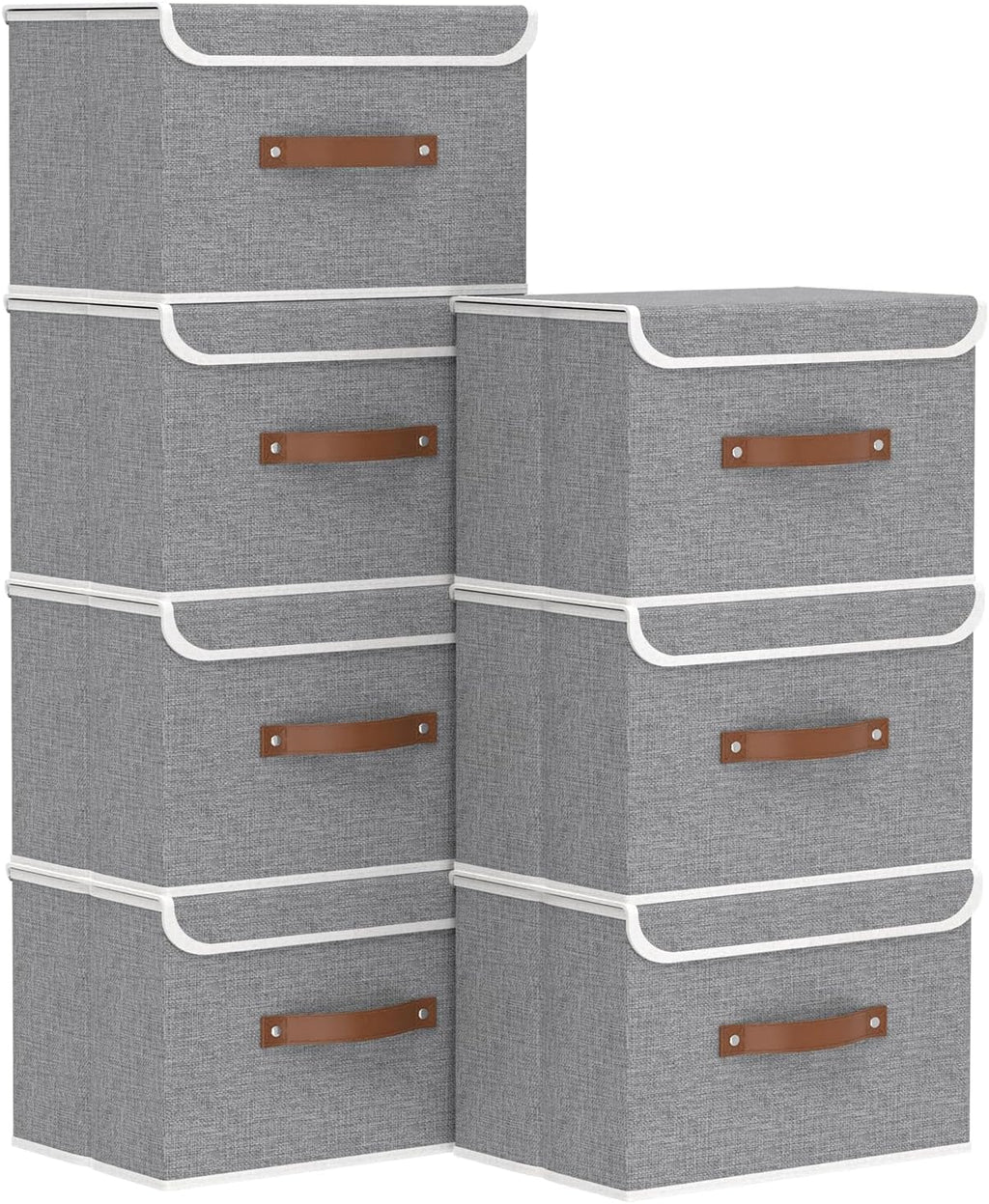Yawinhe Collapsible Storage Bin, Cube Organizer Basket, Fabric Box with Lids, Washable and Leather Handle, for Home, Closet, Grey, 15.0''Lx9.8''Wx9.8''H, 5-Pack, USNK024GL-5