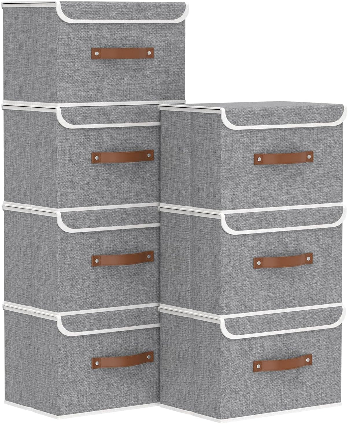 Yawinhe Collapsible Storage Bin, Cube Organizer Basket, Fabric Box with Lids, Washable and Leather Handle, for Home, Closet, Grey, 15.0''Lx9.8''Wx9.8''H, 5-Pack, USNK024GL-5