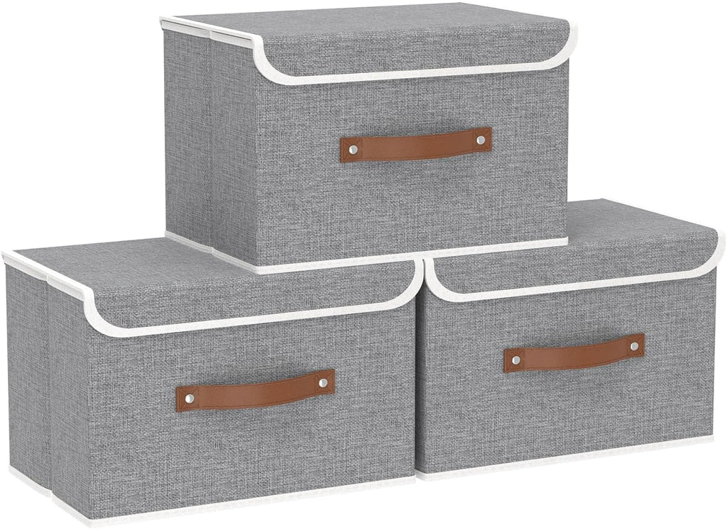Yawinhe Collapsible Storage Bin, Cube Organizer Basket, Fabric Box with Lids, Washable and Leather Handle, for Home, Closet, Grey, 15.0''Lx9.8''Wx9.8''H, 5-Pack, USNK024GL-5