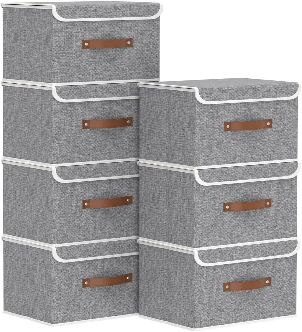Yawinhe Collapsible Storage Bin, Cube Organizer Basket, Fabric Box with Lids, Washable and Leather Handle, for Home, Closet, Grey, 15.0''Lx9.8''Wx9.8''H, 5-Pack, USNK024GL-5