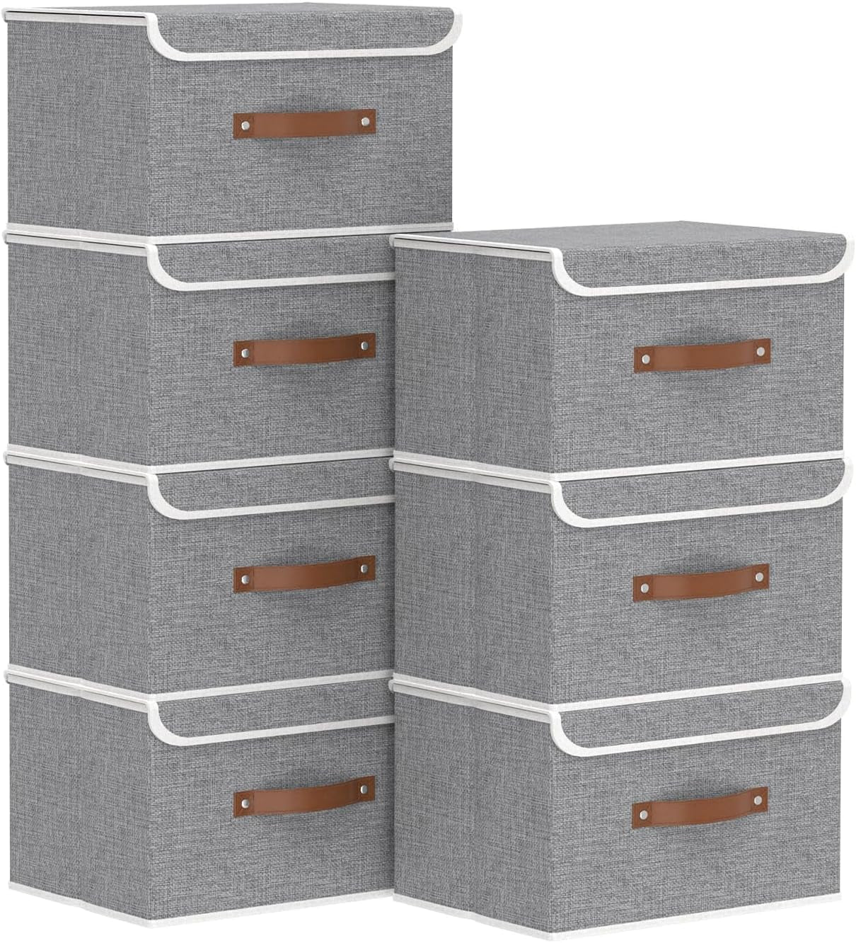 Yawinhe Collapsible Storage Bin, Cube Organizer Basket, Fabric Box with Lids, Washable and Leather Handle, for Home, Closet, Grey, 15.0''Lx9.8''Wx9.8''H, 5-Pack, USNK024GL-5