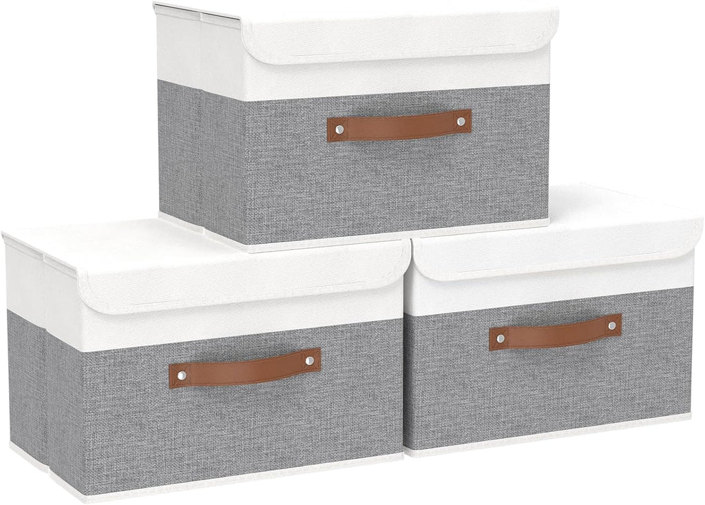 Yawinhe Collapsible Storage Bin, Cube Organizer Basket, Fabric Box with Lids, Washable and Leather Handle, for Home, Closet, Grey, 15.0''Lx9.8''Wx9.8''H, 5-Pack, USNK024GL-5