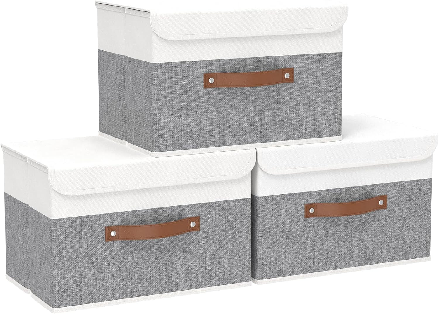 Yawinhe Collapsible Storage Bin, Cube Organizer Basket, Fabric Box with Lids, Washable and Leather Handle, for Home, Closet, Grey, 15.0''Lx9.8''Wx9.8''H, 5-Pack, USNK024GL-5