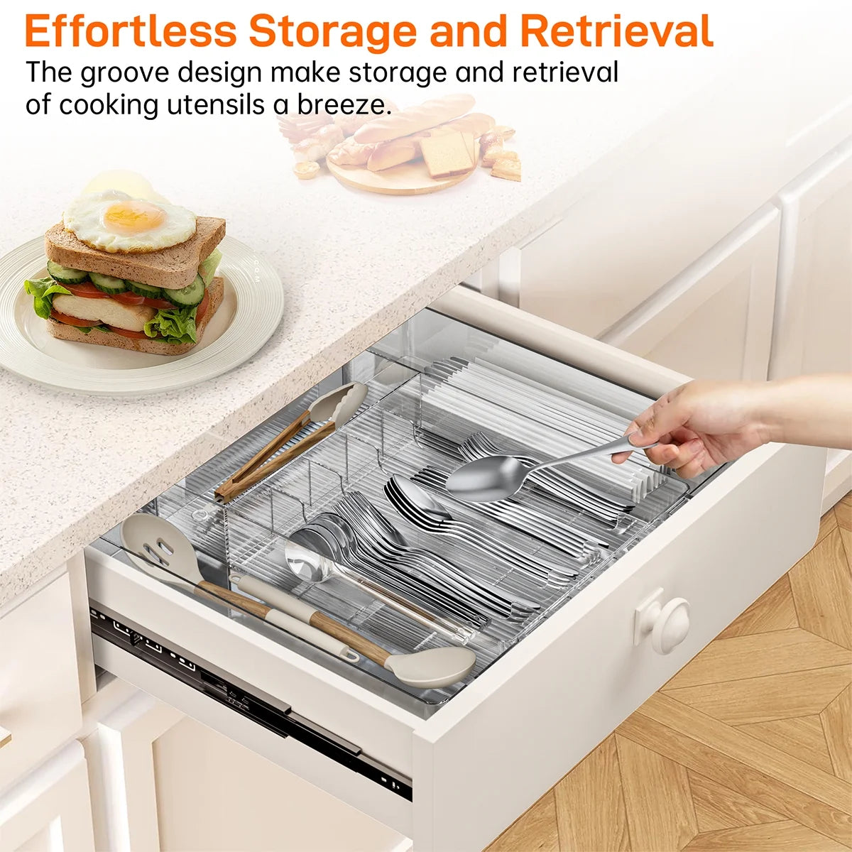 GPED Silverware Drawer Organizer, Expandable Clear Acrylic Silverware Organizer, Kitchen Drawer Organizer for Utensils, Adjustable Cutlery Tray, Office, Supplies-8 Compartments, Medium, Clear