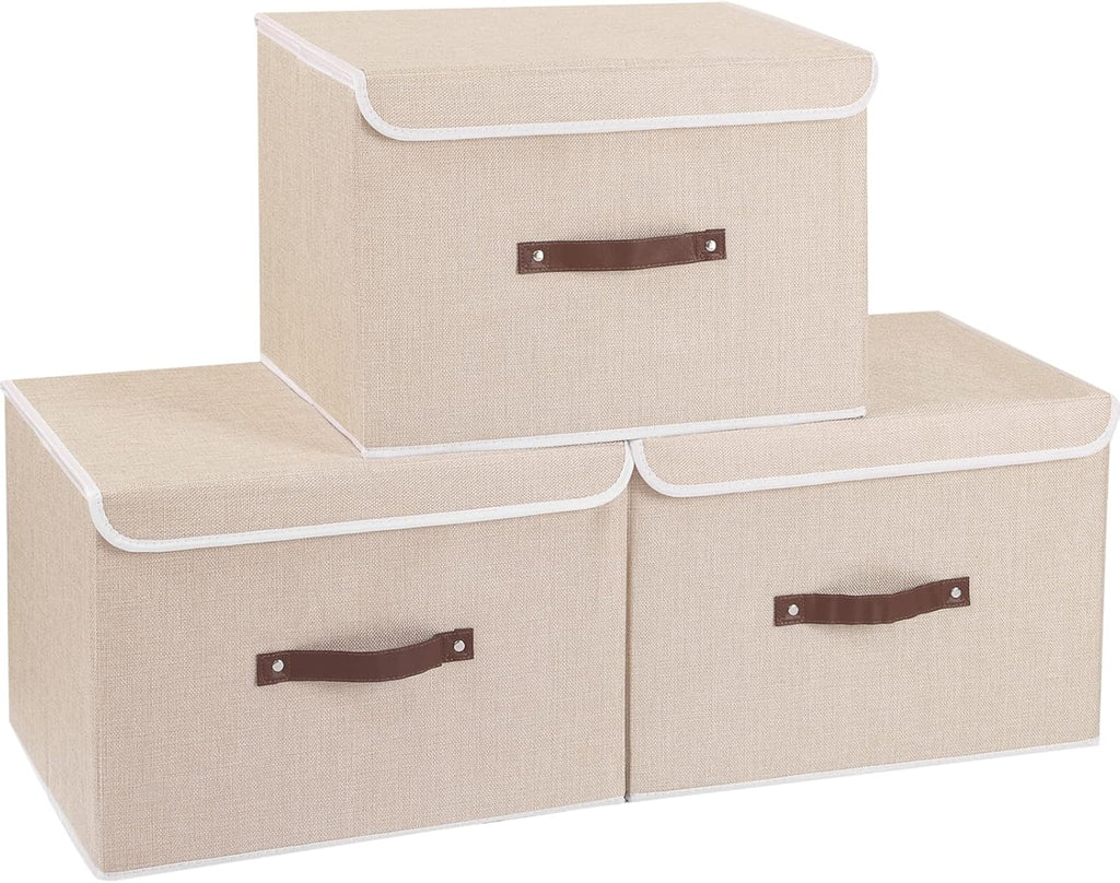 Yawinhe Collapsible Storage Bin, Cube Organizer Basket, Fabric Box with Lids, Washable and Leather Handle, for Home, Closet, Grey, 15.0''Lx9.8''Wx9.8''H, 5-Pack, USNK024GL-5