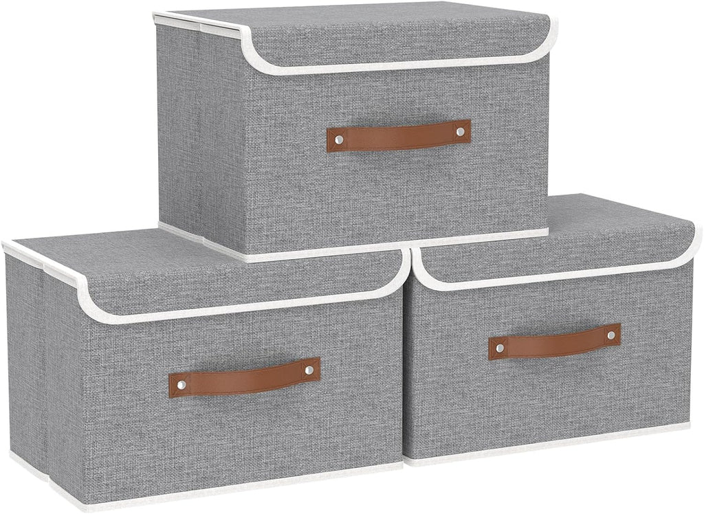 Yawinhe Collapsible Storage Bin, Cube Organizer Basket, Fabric Box with Lids, Washable and Leather Handle, for Home, Closet, Grey, 15.0''Lx9.8''Wx9.8''H, 5-Pack, USNK024GL-5