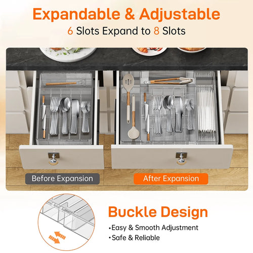 GPED Silverware Drawer Organizer, Expandable Clear Acrylic Silverware Organizer, Kitchen Drawer Organizer for Utensils, Adjustable Cutlery Tray, Office, Supplies-8 Compartments, Medium, Clear